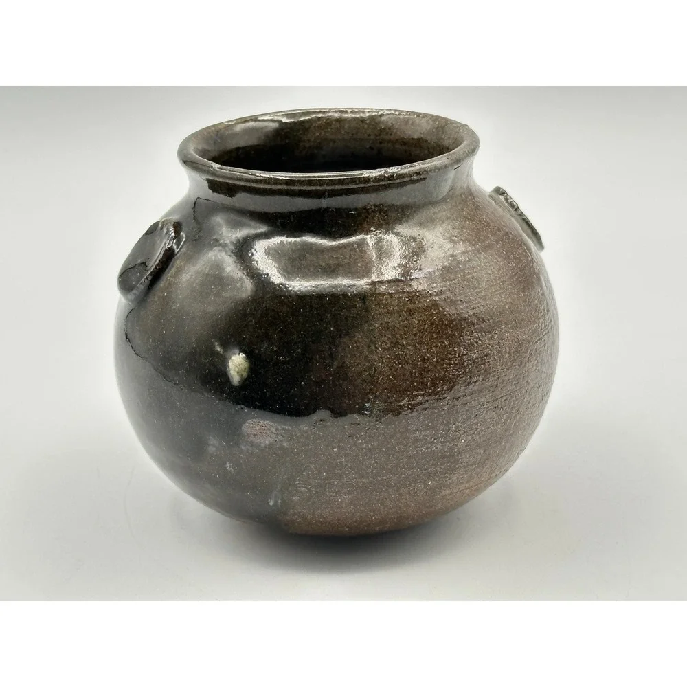 Vintage Artist Signed Stoneware Pot 4x4 Dark Glaze Studio Pottery